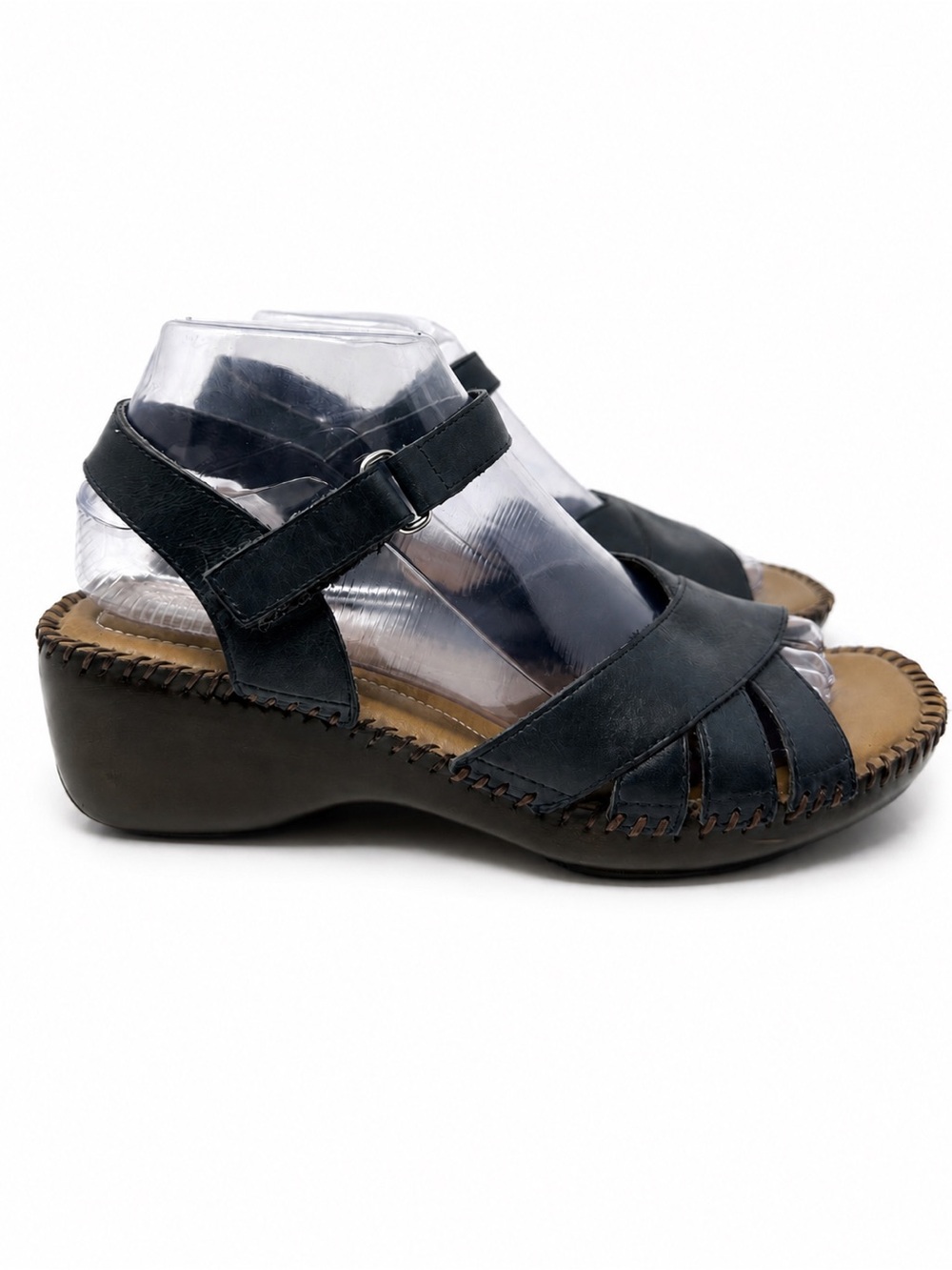 St. John's Bay Navy Leather Open Toe Wedge Sandals Comfort Cushion Buckle Sz 7.5